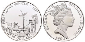 Salomon Islands. Elizabeth II. 10 dollars. 1992. (Km-40). Ag. 31,47 g. Primer vehículo lunar. PR. Est...30,00.