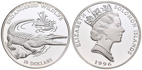 Salomon Islands. Elizabeth II. 10 dollars. 1996. (Km-51). Ag. 31,47 g. Animales en peligro de extinción. Cocodrilo. PR. Est...30,00.