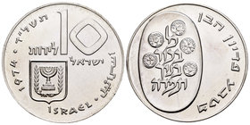 Israel. 10 lirot. 1974. (Km-76.1). Ag. 26,00 g. UNC. Est...30,00.