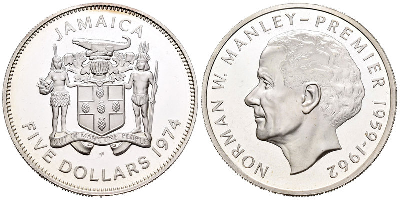 Jamaica. Elizabeth II. 5 dollars. 1974. (Km-62a). Ag. 37,44 g. Norman W. Manley....