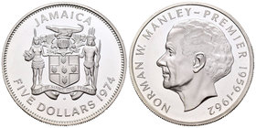 Jamaica. Elizabeth II. 5 dollars. 1974. (Km-62a). Ag. 37,96 g. Norman W. Manley. PR. Est...35,00.
