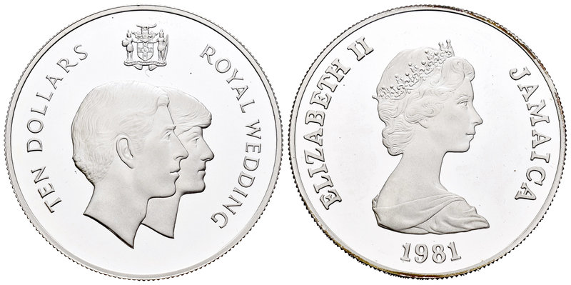 Jamaica. Elizabeth II. 10 dollars. 1981. (Km-92). Ag. 28,28 g. Royal Wedding. PR...