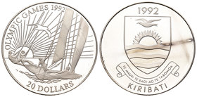 Kiribati. 20 dollars. 1992. (Km-17). Ag. 31,47 g. Barcelona Olympic Games 1992. Vela. PR. Est...35,00.
