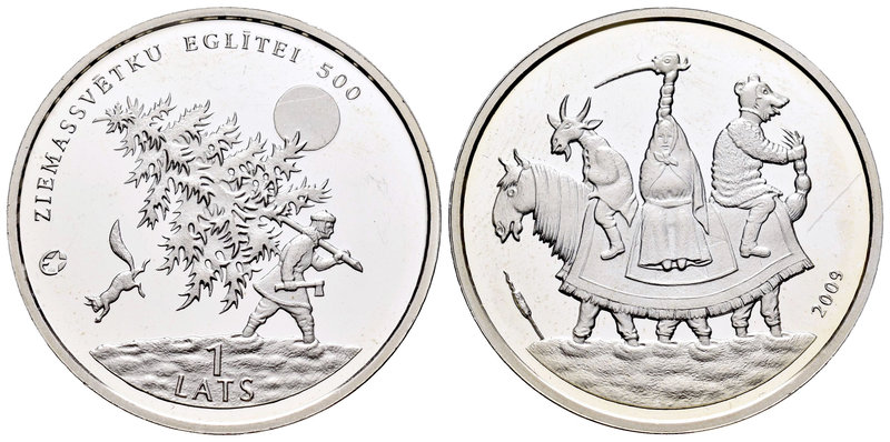 Latvia. 1 lats. 2009. (Km-105). Ag. 22,11 g. 500 años del árbol de Navidad. PR. ...