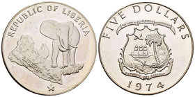 Liberia. 5 dollars. 1974. (Km-29). Ag. 34,10 g. Elephant. PR. Est...30,00.