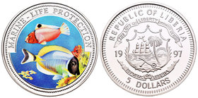 Liberia. 5 dollars. 1997. Ag. 25,04 g. Marine - Life Protection. Coloured. Con certificado. UNC. Est...35,00.