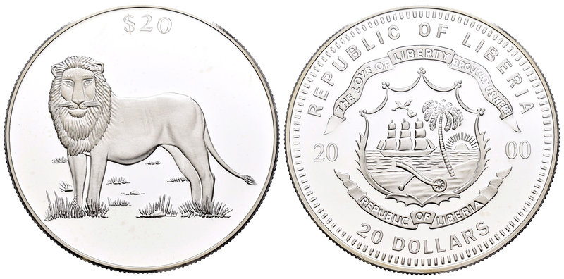 Liberia. 20 dollars. 2000. (Km-no cita). Ag. 20,00 g. Lion. PR. Est...25,00.