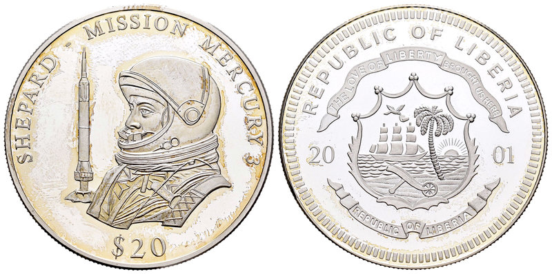 Liberia. 20 dollars. 2001. (Km-no cita). Ag. 20,00 g. Mission Mercury 3. PR. Est...
