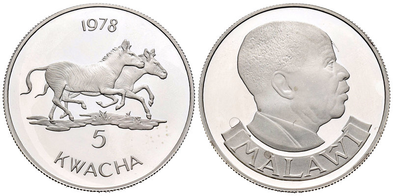 Malawi. 5 kwacha. 1978. (Km-15). Ag. 28,28 g. PR. Est...25,00.