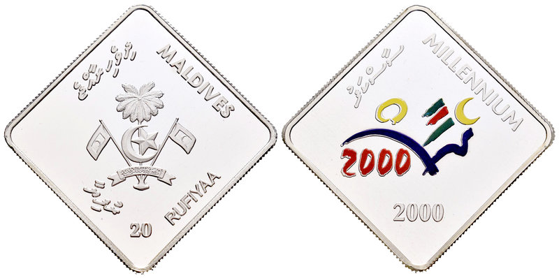 Maldives. 20 rufiyaa. 2000. (Km-97). Ag. 31,22 g. Millenium. Partial coloured. P...