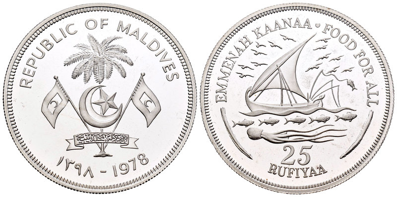 Maldives. 25 rufiyaa. 1978. (Km-58a). Ag. 28,28 g. Barco. Tirada de 2000 piezas....
