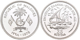 Maldives. 25 rufiyaa. 1978. (Km-58a). Ag. 28,28 g. Barco. Tirada de 2000 piezas. PR. Est...25,00.