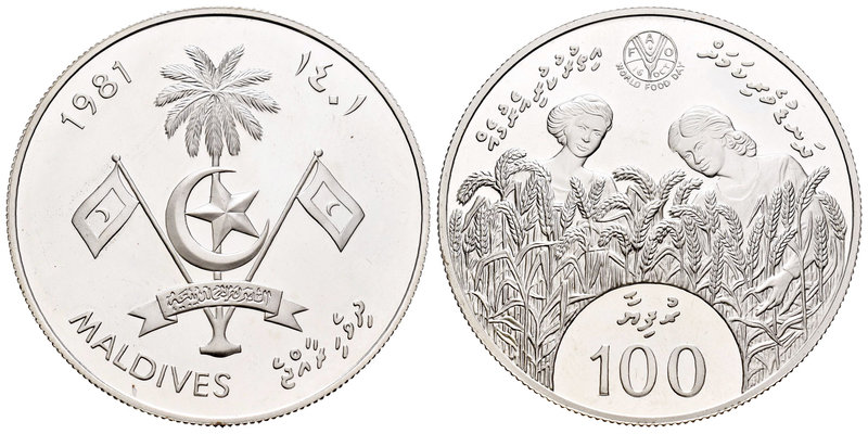 Maldives. 100 rufiyaa. 1981. (Km-64). Ag. 28,28 g. Día mundial de la alimentació...