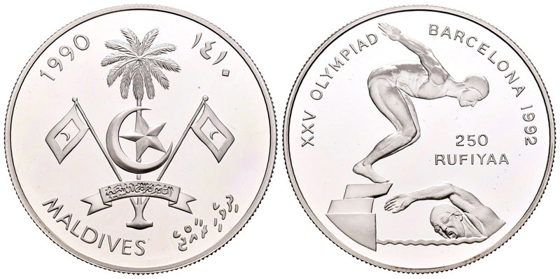 Maldives. 250 rufiyaa. 1990. (Km-80). Ag. 31,47 g. Barcelona '92. Natación. PR. ...