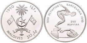 Maldives. 250 rufiyaa. 1990. (Km-80). Ag. 31,47 g. Barcelona '92. Natación. PR. Est...25,00.
