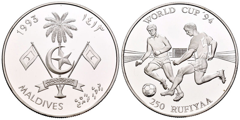 Maldives. 250 rufiyaa. 1993. (Km-83). Ag. 31,47 g. Estados Unidos´94. PR. Est......