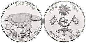 Maldives. 250 rufiyaa. 1994. (Km-86). Ag. 31,47 g. Turtle. PR. Est...30,00.