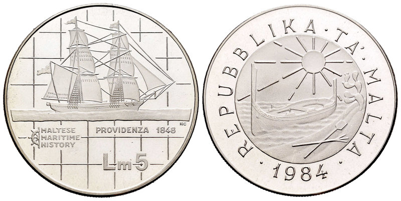 Malta. 5 liri. 1984. (Km-70). Ag. 20,00 g.  Barco "Providenza". PR. Est...35,00....
