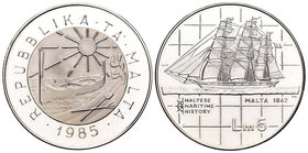 Malta. 5 liri. 1985. (Km-72). Ag. 20,00 g. PR. Est...40,00.