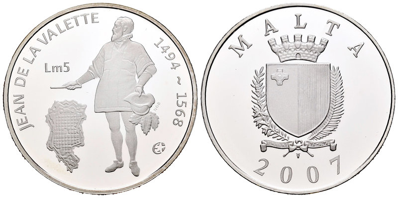 Malta. 5 liri. 2007. (Km-123). Ag. 28,28 g. 450 aniversario de Jean de La Valett...