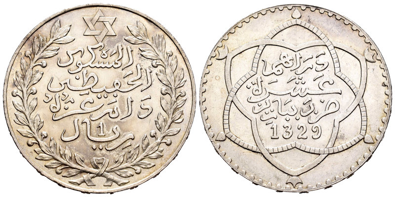 Morocoo. Abd Al-Hafiz. 1 rial (10 dirhem). 1329 H (1910). Paris. (Km-Y25). Ag. 2...