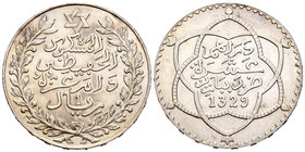 Morocoo. Abd Al-Hafiz. 1 rial (10 dirhem). 1329 H (1910). Paris. (Km-Y25). Ag. 25,00 g. UNC. Est...60,00.