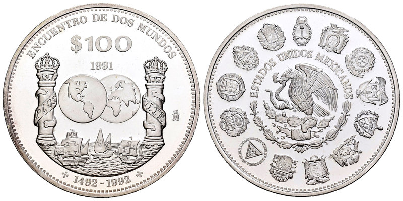 Mexico. 100 pesos. 1991. México. (Km-540). Ag. 27,00 g. Encuentro de dos mundos....