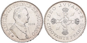 Monaco. Rainier III. 50 francos. 1974. (Km-152.2). (Gad-162). Ag. 30,00 g. UNC. Est...35,00.