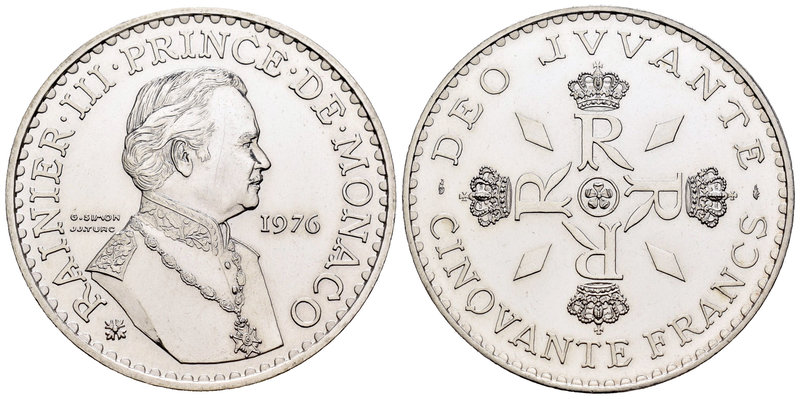 Monaco. Rainier III. 50 francos. 1976. (Km-152.2). Ag. 30,00 g. UNC. Est...35,00...