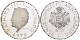 Monaco. Rainier III. 100 francos. 1974. (Gad-168). Ag. 37,27 g. 25º Aniversario de reinado. PR. Est...60,00.