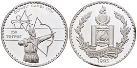 Mongolia. 250 tugrik. 1995. (Km-113). Ag. 31,47 g. Juegos Olímpicos de Sidney 1996. Tiro con arco. PR. Est...30,00.