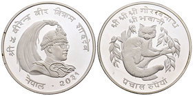 Nepal. 50 rupias. VS 2031 (1974). (Km-841a). Ag. 35,27 g. PR. Est...40,00.