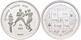 Nepal. 50 rupias. 1992. (Km-1058). Ag. 31,47 g. Barcelona´92. Boxeo. PR. Est...30,00.