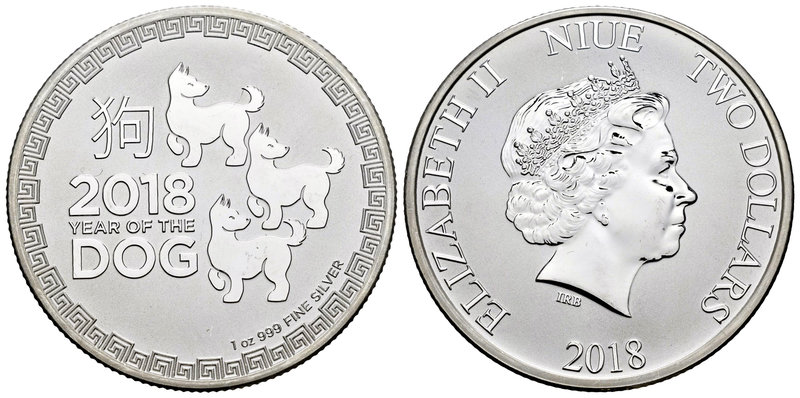Niue. Elizabeth II. 2 dollars. 2018. Ag. 31,10 g. Year of the dog. PR. Est...25,...