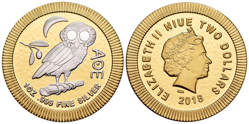 Niue. Elizabeth II. 2 dollars. 2018. Ag. 31,11 g. Attica Owl. Partial gold plate...