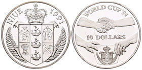 Niue. Elizabeth II. 10 dollars. 1991. (Km-59). Ag. 31,53 g. Mundial de fútbol Estados Unidos´94. PR. Est...30,00.