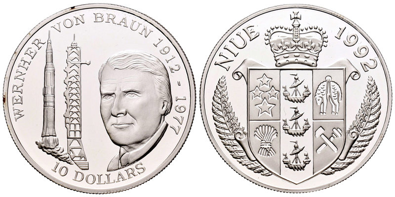 Niue. Elizabeth II. 10 dollars. 1992. (Km-86). Ag. 31,04 g. Wernher Von Braun (1...