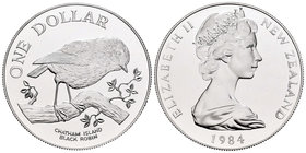 New Zealand. Elizabeth II. 1 dollar. 1984. (Km-53a). Ag. 27,22 g. Black Robin. PR. Est...30,00.