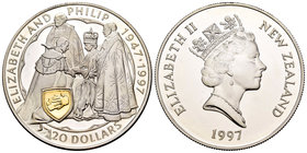 New Zealand. Elizabeth II. 20 dollar. 1997. (Km-108). Ag. 28,28 g. Bodas de oro reales. PR. Est...35,00.