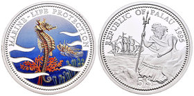 Palau. 5 dollars. 1995. (Km-12). Ag. 25,00 g. Coloured Edition. Marine Life Protection. Tirada de 7500 piezas. PR. Est...18,00.