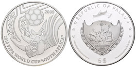 Palau. 5 dollars. 2009. Ag. 25,00 g. South Africa Soccer World Cup 2009. PR. Est...35,00.