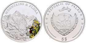 Palau. 5 dollars. 2012. (Km-no cita). Ag. 25,00 g. Mountains and Flora - Lhotse. Coloured. PR. Est...35,00.
