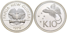 Papua New Guinea. 10 kina. 1979. (Km-8a). Ag. 41,60 g. PR. Est...30,00.