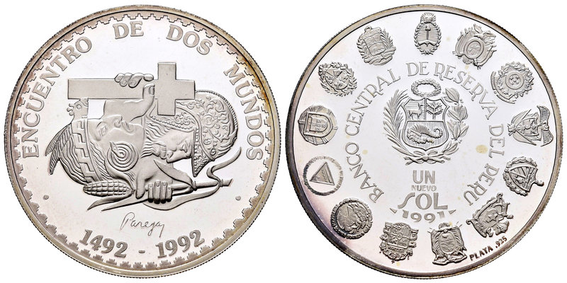 Peru. 1 nuevo sol. 1992. (Km-302). Ag. 27,00 g. Encuentro de dos mundos. PR. Est...