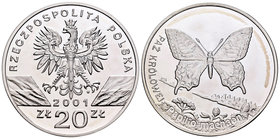 Poland. 20 zlotych. 2001. MW. (Km-Y415). Ag. 28,28 g. Mariposa. PR. Est...50,00.