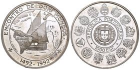 Portugal. 1000 escudos. 1992. (Km-657a). Ag. 27,01 g. Encuentro entre dos mundos. PR. Est...25,00.