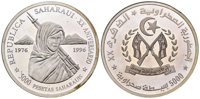 Saharawi Republic. 5000 pesetas. 1996. (Km-35). Ag. 33,54 g. Escasa. PR. Est...9...