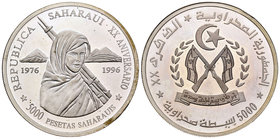 Saharawi Republic. 5000 pesetas. 1996. (Km-35). Ag. 33,54 g. Escasa. PR. Est...90,00.
