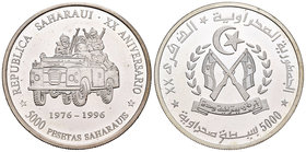 Saharawi Republic. 5000 pesetas. 1996. (Km-36). Ag. 33,54 g. 20 años proclamación de República. PR. Est...70,00.