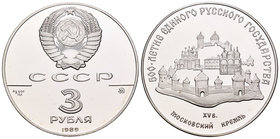 Russia. 3 rublos. 1989. (Km-Y222). Ag. 34,56 g. 500 aniversario Unidad Rusa. PR. Est...40,00.